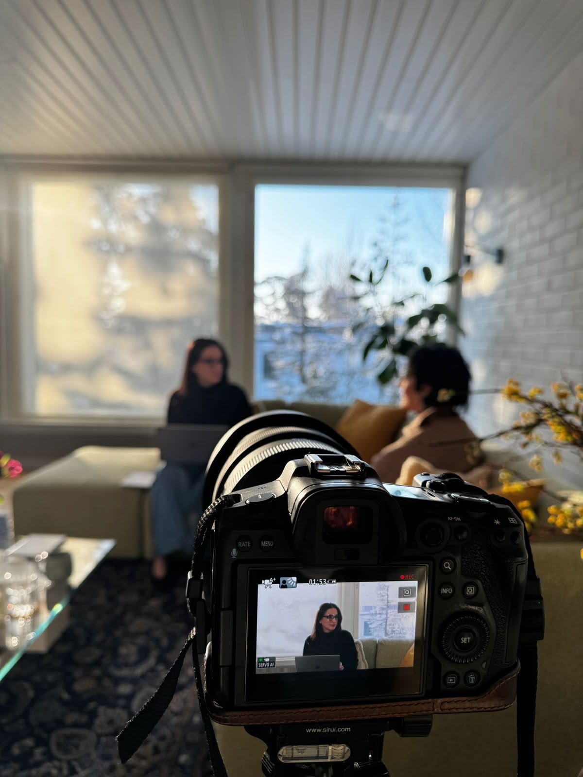A camera recording a Locker Room Talks conversation with Hope Makara
