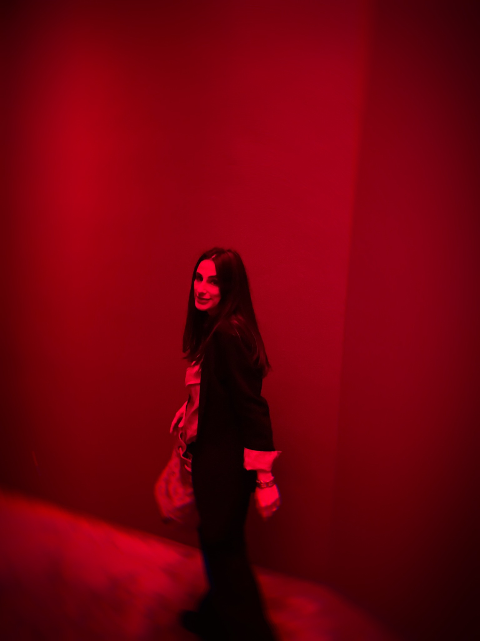 Farnaz Farahdel standing in a red-lit exhibition space